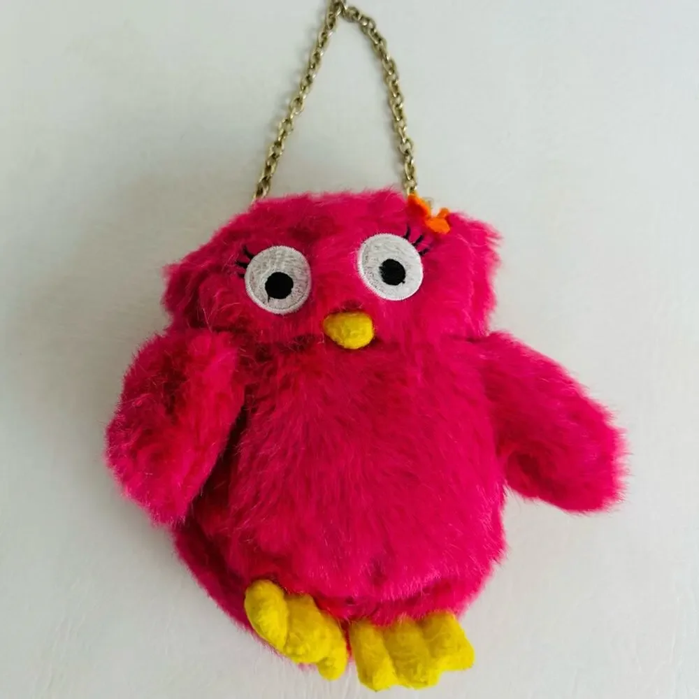 Gymboree Childs Girls Homecoming Pink Furry Plush Owl Coin Purse Bag